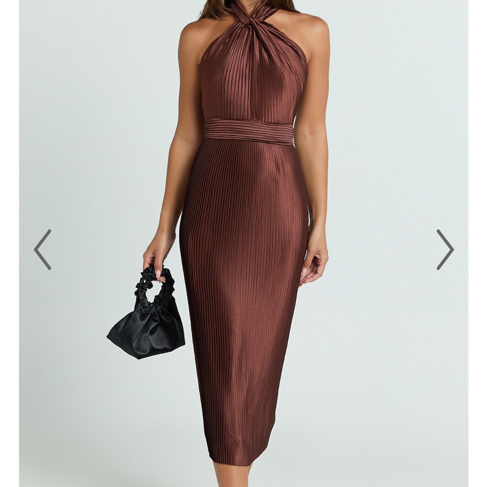 SHOWPO MARLETTE MIDI DRESS - PLEATED OPEN BACK HALTER DRESS IN CHOCOLATE